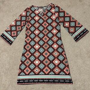 Haani Womens Mod Tunic Dress Bell Sleeve Stretch Aztec Salmon Turqiouse Sz M